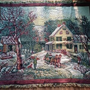 Beautiful Vintage 100% Cotton Throw Blanket Horse Barn and Carriage House Motif